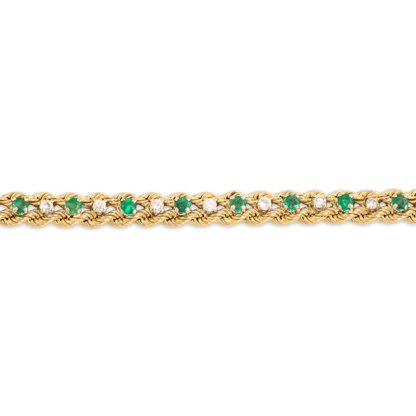 Vintage 14k Yellow Gold .83cttw Emerald .61cttw Diamond Wonderful Dual Rope Line Bracelet - Close-up view