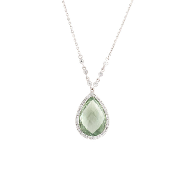 Vintage 14k White Gold 7.1ct Prasiolite Diamond Checkerboard Halo Necklace 18"