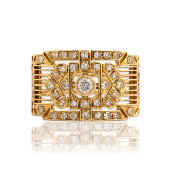 Vintage 18k Yellow Gold .52cttw Diamond Ornate Wide Geometric Ring - Close-up view