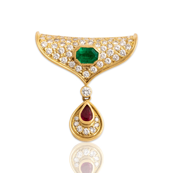Vintage 18k Yellow Gold .5ct Emerald 1.04cttw Diamond Ruby Elegant Teardrop Dangle Slide Pendant - Close-up view