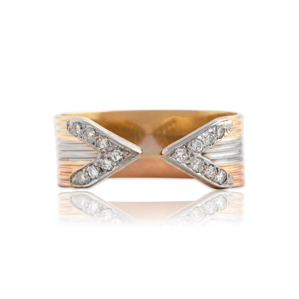 Vintage 14k Tricolor Gold Diamond Dimensional Open Arrow Ring - Close-up view