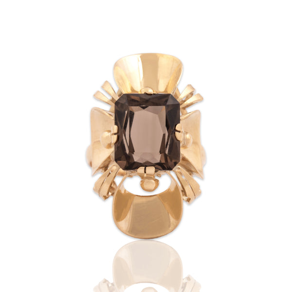 Vintage 14k Yellow Gold 5.12ct Smoky Quartz Bold Artistic Setting Cocktail Ring - Close-up view