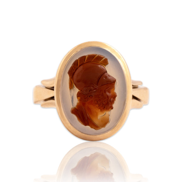 Antique 14k Rosy Yellow Gold 3.89ct Banded Agate Wonderful Luminous Carved Soldier Cameo Ring - Close-up view