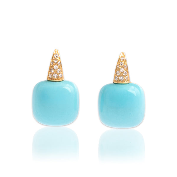 Vintage 18k Yellow Gold 17.08cttw Robin's Egg Blue Turquoise Diamond Spectacular Cushion Cabochon Dangle Earrings - Close-up view