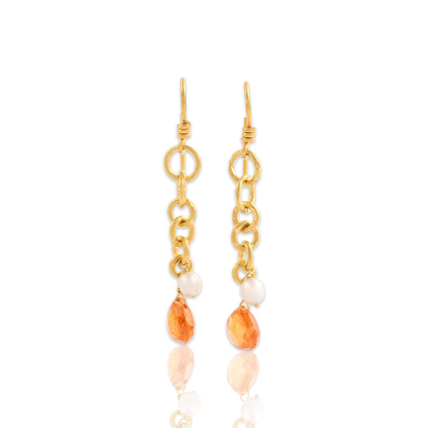 Vintage 18k Yellow Gold 2.49cttw Orange Quartz Seed Pearl Artistic Link Drop Dangle Earrings - Close-up view