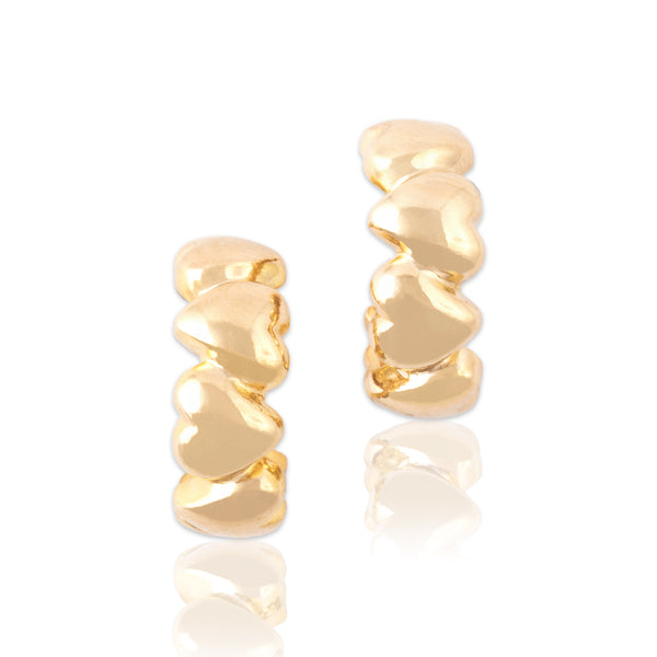 Vintage Italian 14k Yellow Gold Gleaming Alternating Heart Half-Hoop Earrings - Close-up view