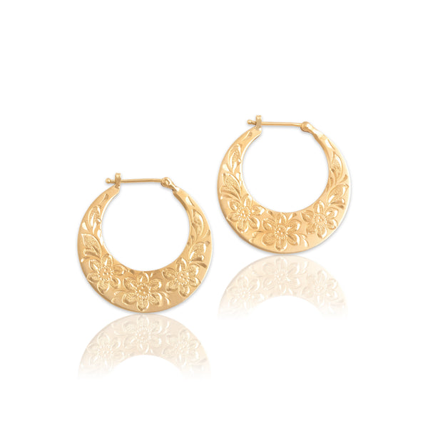 Vintage 14k Yellow Gold Wonderful Floral Hand-Engraved Hoop Earrings - Close-up view