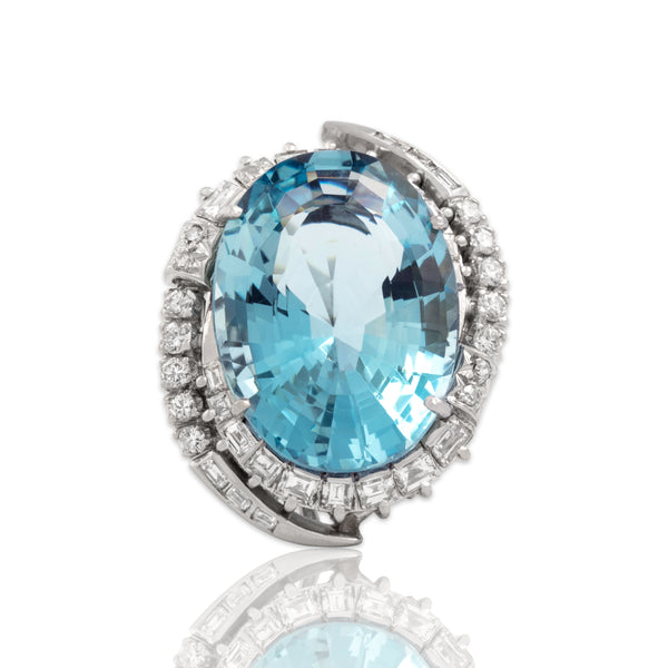 Vintage Large Platinum 16.09ct Aquamarine 1.33cttw Diamond Cocktail Ring 4.00