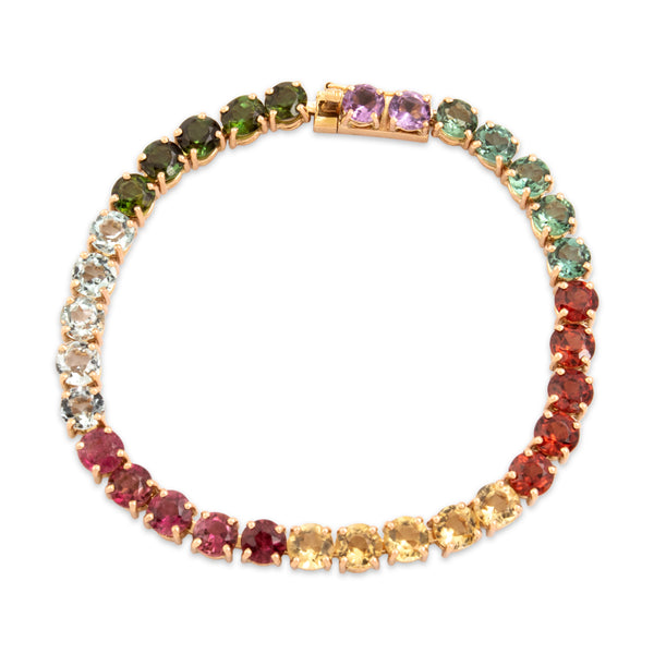 Vintage Heavy 14k Rosy Yellow Gold 6.35cttw Mint Pink Green Tourmaline 2.81cttw Garnet 2.55cttw Amethyst 2.1cttw Aquamarine Fantastic Chromatic Tennis Bracelet - Close-up view