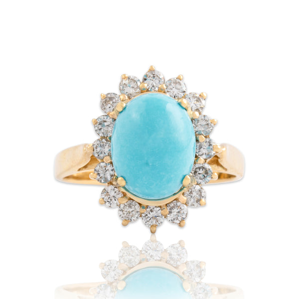 Vintage 14k Yellow Gold 1.91ct Robin's Egg Blue Turquoise Diamond Halo Ring 6.50