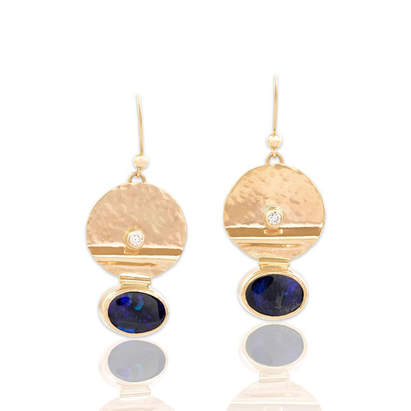 Vintage 14k Yellow Gold 4.23cttw Black Opal Diamond Artistic Disc Dangle Earrings