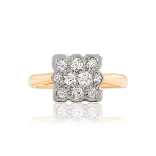 Vintage 14k Yellow & White Gold Old Mine Cut Diamond Scalloped Square Cluster Ring - Close-up view