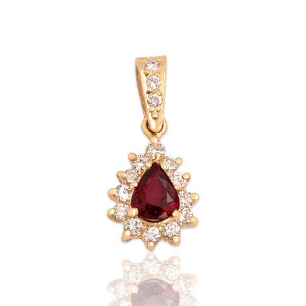Vintage 14k Yellow Gold .52ct Ruby Diamond Sparkling Pear Halo Dangle Pendant