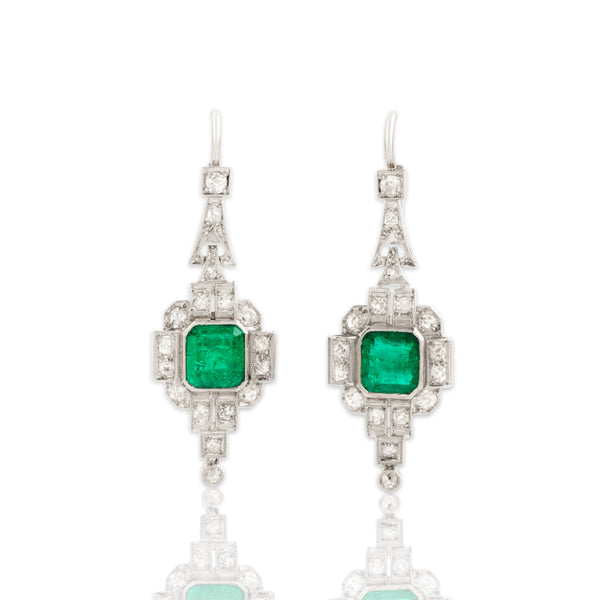 Antique Art Deco Platinum 3.03cttw Emerald .85cttw Old Mine Diamond Drop Earrings