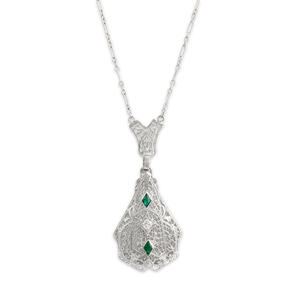 Vintage 14k Yellow Gold Diamond Green Glass Necklace - detail view #2