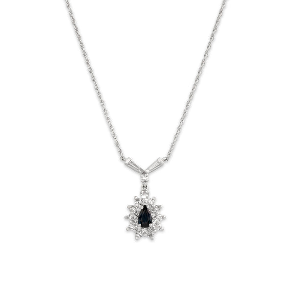 Vintage 14k White Gold Diamond Blue Sapphire Gleaming Teardrop Necklace 16.5"