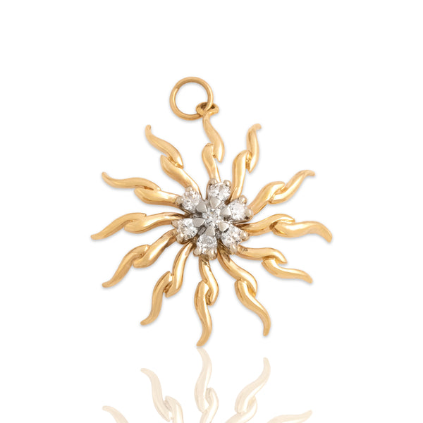 Vintage 14k Yellow & White Gold Old European Cut Diamond Bright Sparkling Sunburst Charm / Pendant - Close-up view