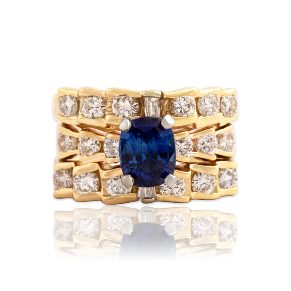 Vintage Heavy 14k Yellow Gold 1.85ct Blue Sapphire 1.49cttw Diamond Ring - Close-up view