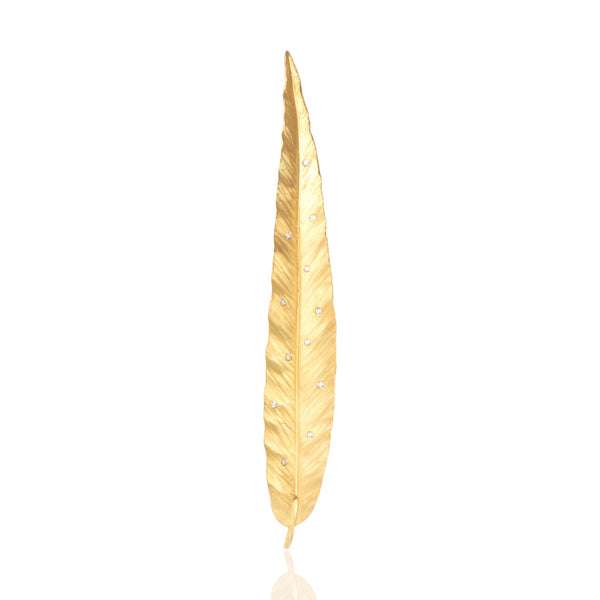 Vintage 18k Yellow Gold Diamond Oversized Fabulous Brushed Feather Brooch / Pin - Close-up view