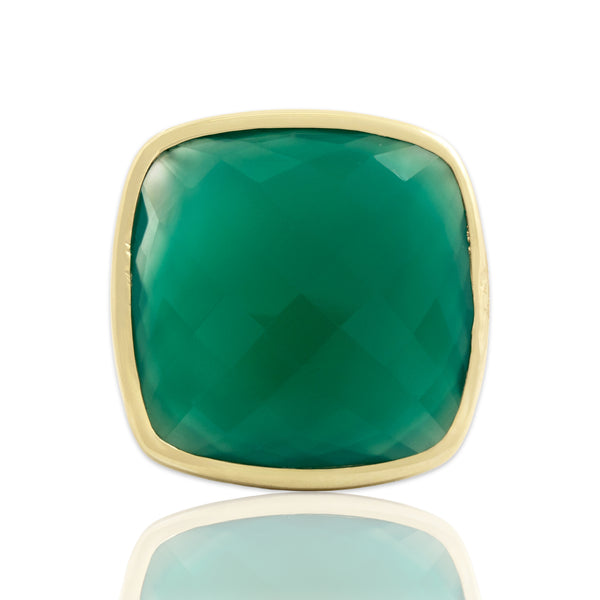 Estate 14k Yellow Gold 16.32ct Green Chalcedony Oversized Glittering Checkerboard Swirling Basket Setting Cocktail Ring - Close-up view