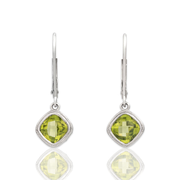 Vintage 14k White Gold 1.93cttw Peridot Milgrain Checkerboard Dangle Earrings