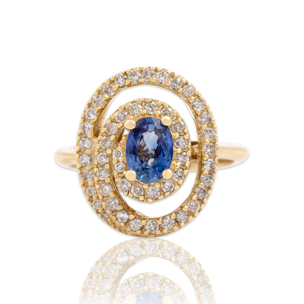 Vintage 14k Yellow Gold .69ct Blue Sapphire Diamond Dazzling Swirling Oval Halo Ring - Close-up view
