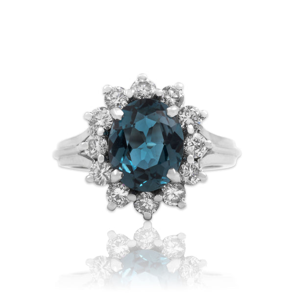 Vintage 14k White Gold 2.67ct London Blue Topaz .81cttw Diamond Halo Ring 6.25