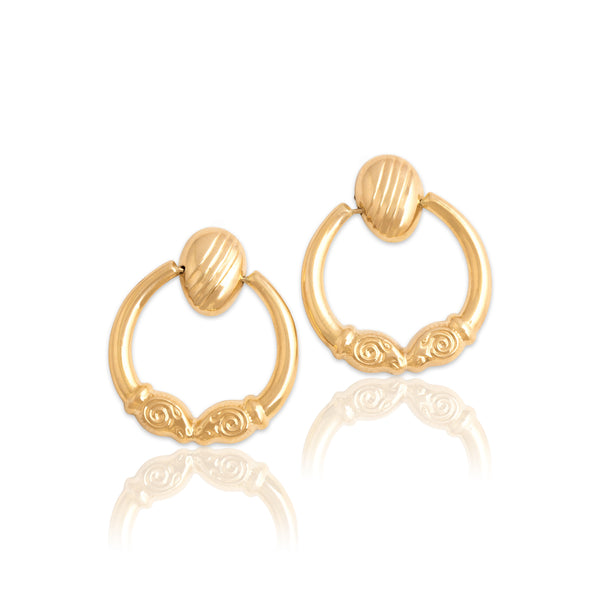 Vintage Lightweight 14k Yellow Gold Classical Ram Head Hoop Dangle Earrings - Close-up view