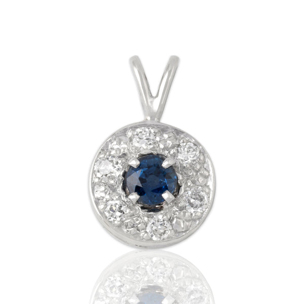 Vintage 14k White Gold Blue Sapphire Old European Cut Diamond Bright Dazzling Halo Pendant - Close-up view