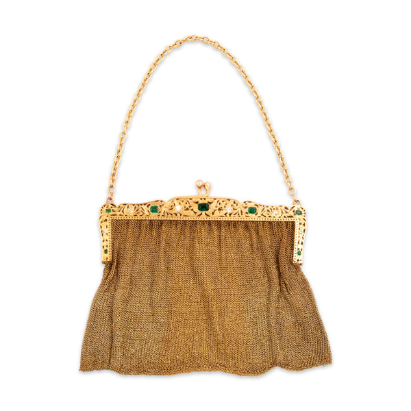 Antique 18k Yellow Gold 2.56cttw Emerald .86cttw Old Mine Cut Diamond Mesh Purse Apparel & Accessories - Close-up view