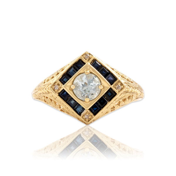 Vintage 14k Yellow Gold Aquamarine Blue Sapphire Diamond Openwork Ring 9.00