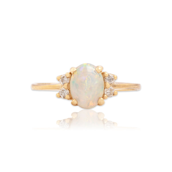 Vintage 14k Yellow Gold .55ct Opal Diamond Adorned Iridescent Cabochon Ring 8.25