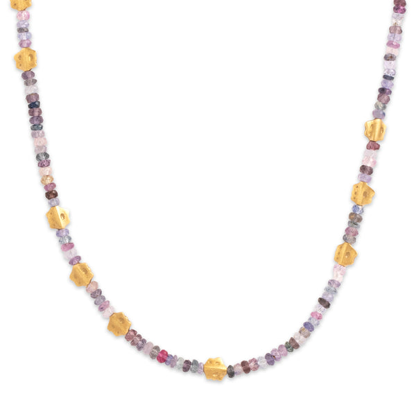 Vintage Alex Sepkus 18k Yellow Gold Multi-Color Sapphire Long Artistic Brushed Beaded Necklace - Close-up view