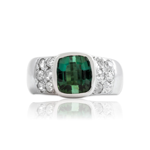 Vintage 14k White Gold 2.35ct Green Tourmaline .57cttw Old Mine Diamond Ring 6.50