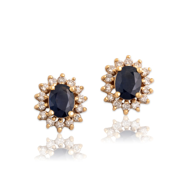 Vintage 14k Yellow Gold 1.74cttw Blue Sapphire .63cttw Diamond Halo Stud Earrings