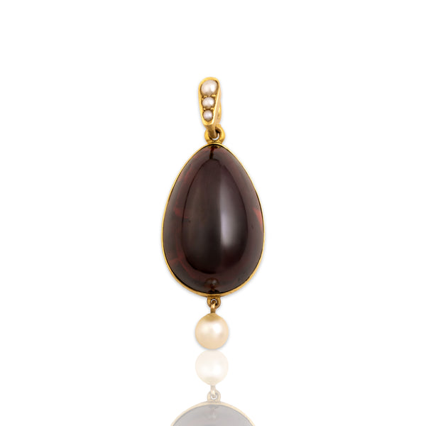 Antique Victorian 14k Yellow Gold 27.42ct Foil-Backed Garnet Pearl Dome Pendant
