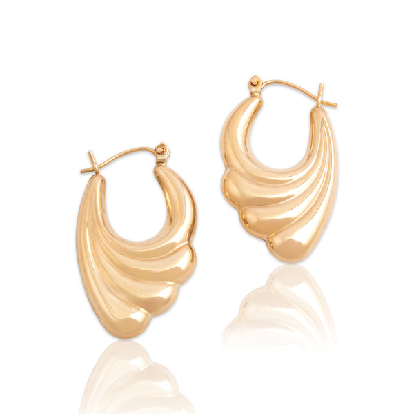Vintage 14k Yellow Gold Puffy Ribbed Hoop Earrings - Close-up view