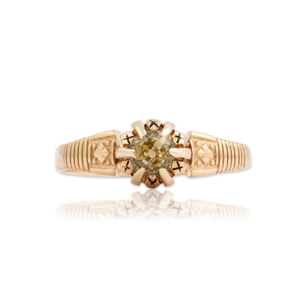 Antique 10k Rosy Yellow Gold .53ct Yellow-Brown Old Mine Diamond Belcher Ring 9.00