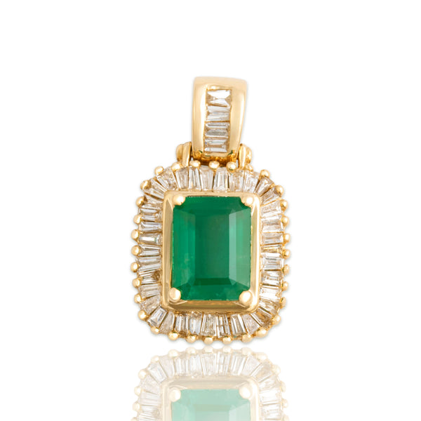 Vintage 14k Yellow Gold 1.3ct Emerald Diamond Glittering Baguette Halo Pendant
