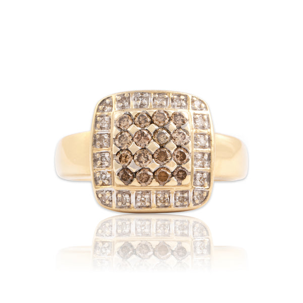 Vintage 14k Yellow Gold Chocolate Diamond White Diamond Bold Geometric Halo Ring - Close-up view