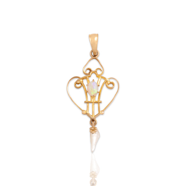 Antique Lightweight 10k Yellow Gold Opal Seed Pearl Delicate Ornate Dangle Pendant - Close-up view