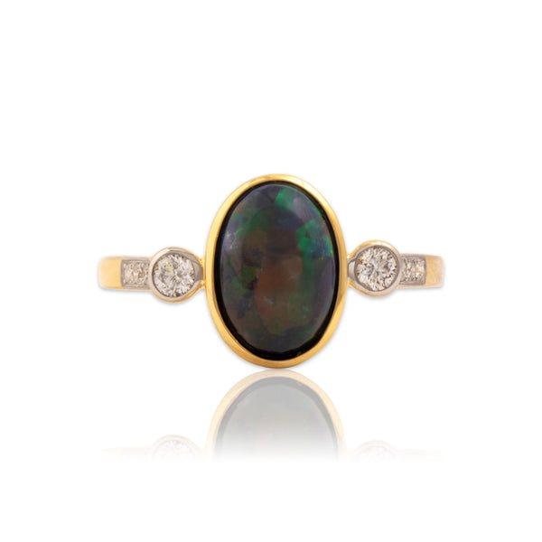 Estate 18k Yellow Gold 2ct Black Opal .16cttw Diamond Mesmerizing Ring 6.75