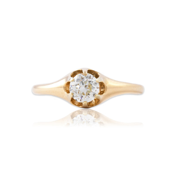 Antique Victorian 14k Yellow Gold Old Mine Cut Diamond Beautiful Classic Belcher-Set Solitaire Ring - Close-up view