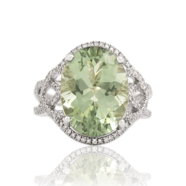 Estate Large 14k White Gold 8.75ct Prasiolite Diamond Ornate Cocktail Ring 7.25