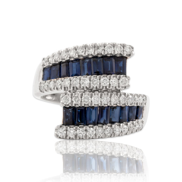 Estate 14k White Gold 1.43cttw Blue Sapphire Diamond Striking Bypass Ring 7.00