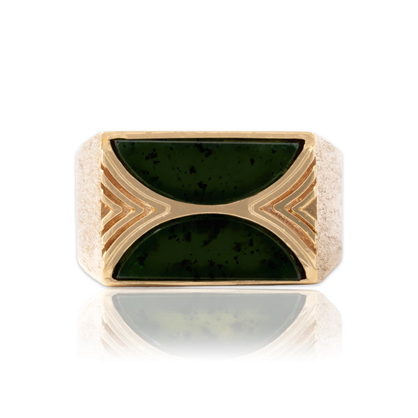 Vintage Heavy 14k Yellow Gold Spinach Jade Brushed Geometric Bar Ring 8.50