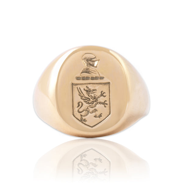 Vintage Heavy 14k Yellow Gold Engraved Griffin And Knight Coat Of Arms Signet Ring - Close-up view