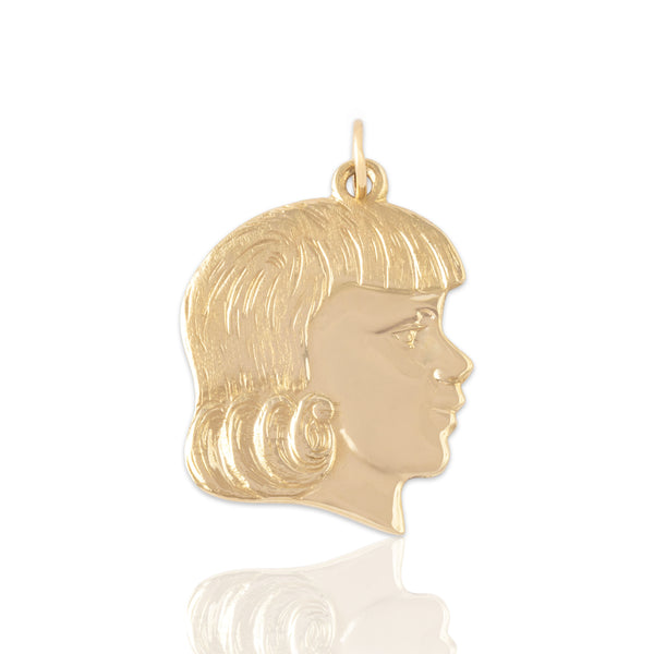 Vintage 14k Yellow Gold Detailed Girl Child Profile Charm / Pendant