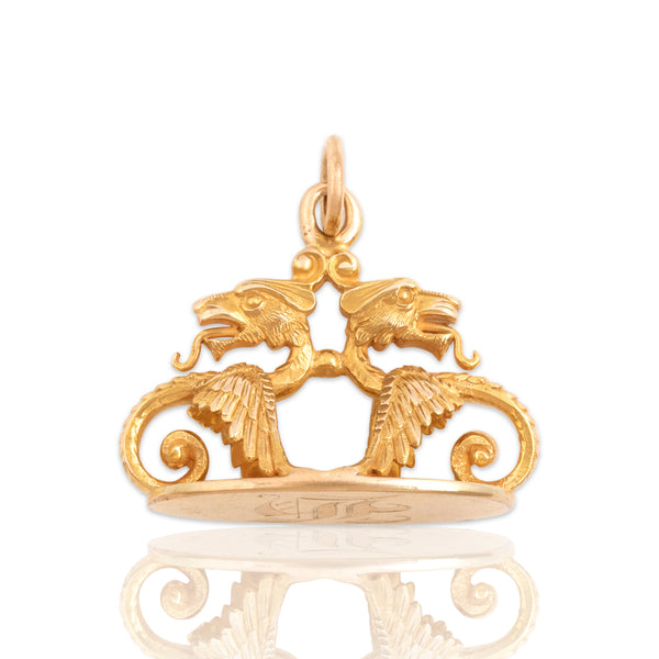Antique Victorian 14k Yellow Gold Fantastic Figural Mystical Winged Dragon Fob Charm / Pendant - Close-up view
