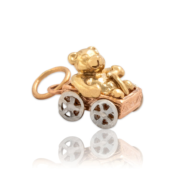 Vintage 14k Tricolor Gold Adorable Teddy Bear And Wagon Charm / Pendant